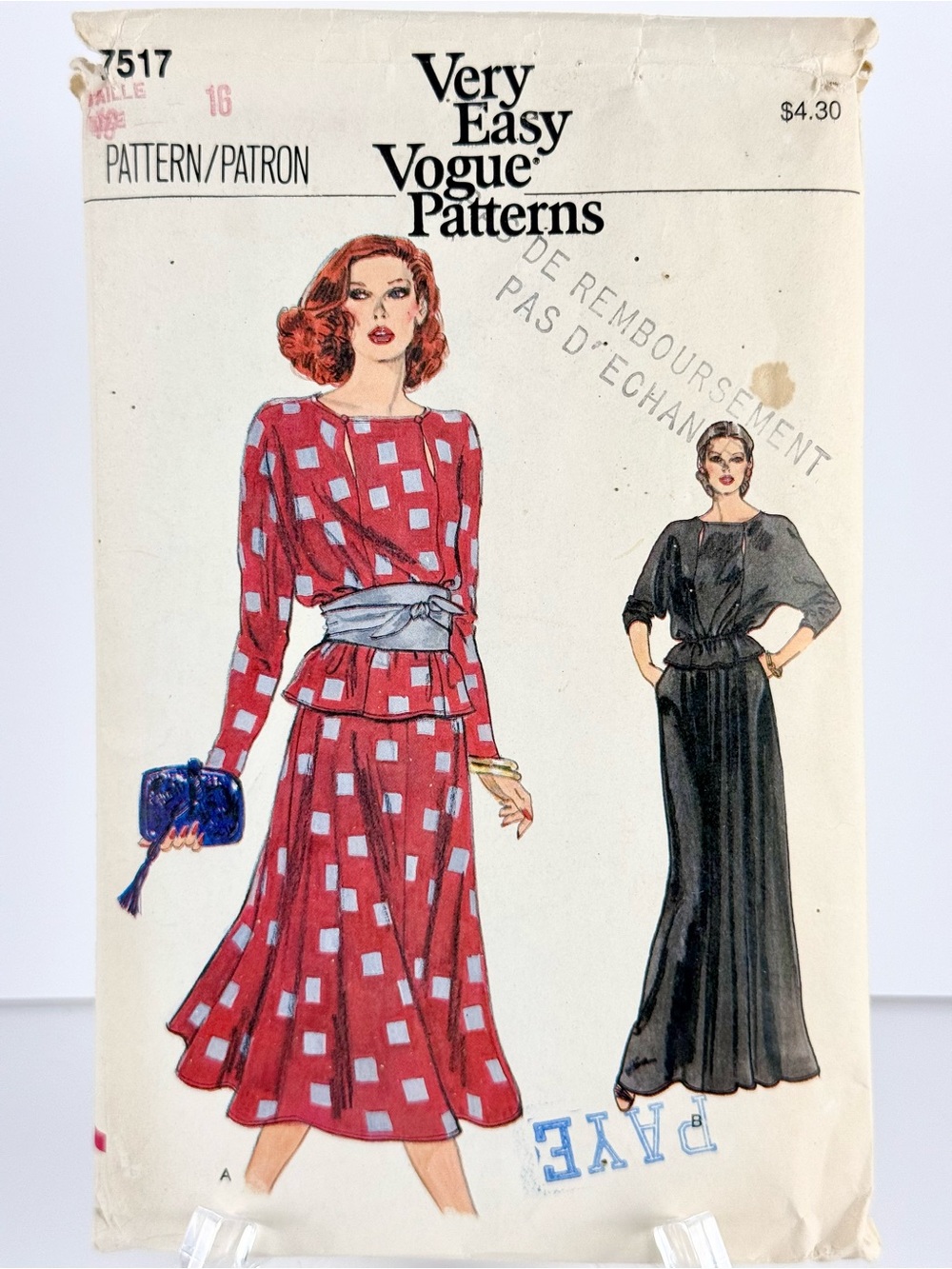 Vintage 1980s Very Easy Vogue Sewing Pattern 7517 Size 16, Cut